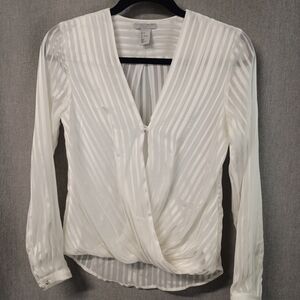 H&M White Sheer Striped Draped V-Neck Blouse W/Silver Buttons Size 2